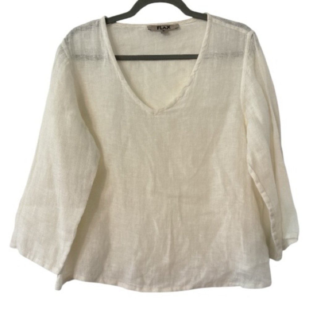 FLAX Pullover V Neck 3/4 Sleeve Linen Shirt in White Ivory Size Small